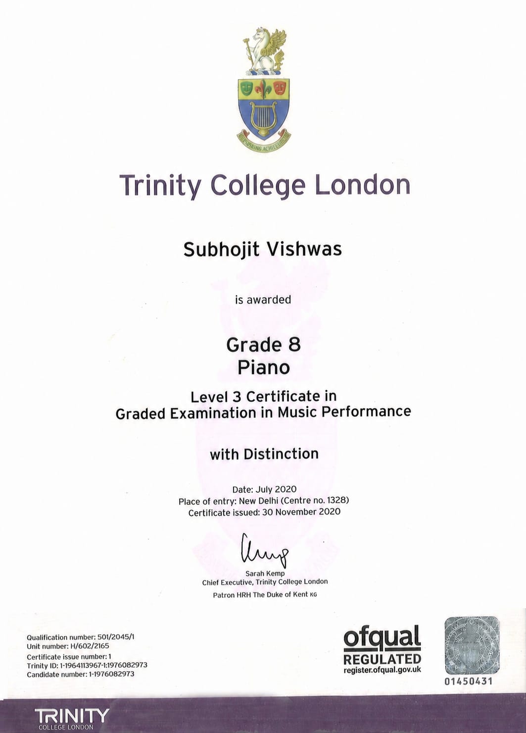 Trinity Piano Certificate